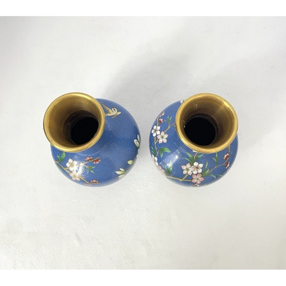 Vintage Cloisonné Enamel Vases Pair Blue Brass Floral Birds 8" H - Picture 4 of 5
